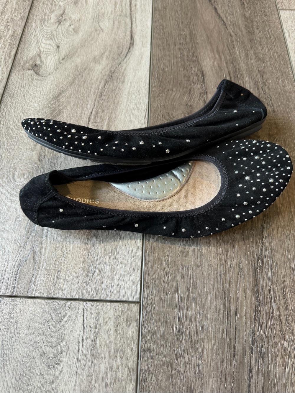 Hush Puppies-Chaste Black Suede Ballet Flats with Silver Stud Accents- Comfort - Picture 5 of 11